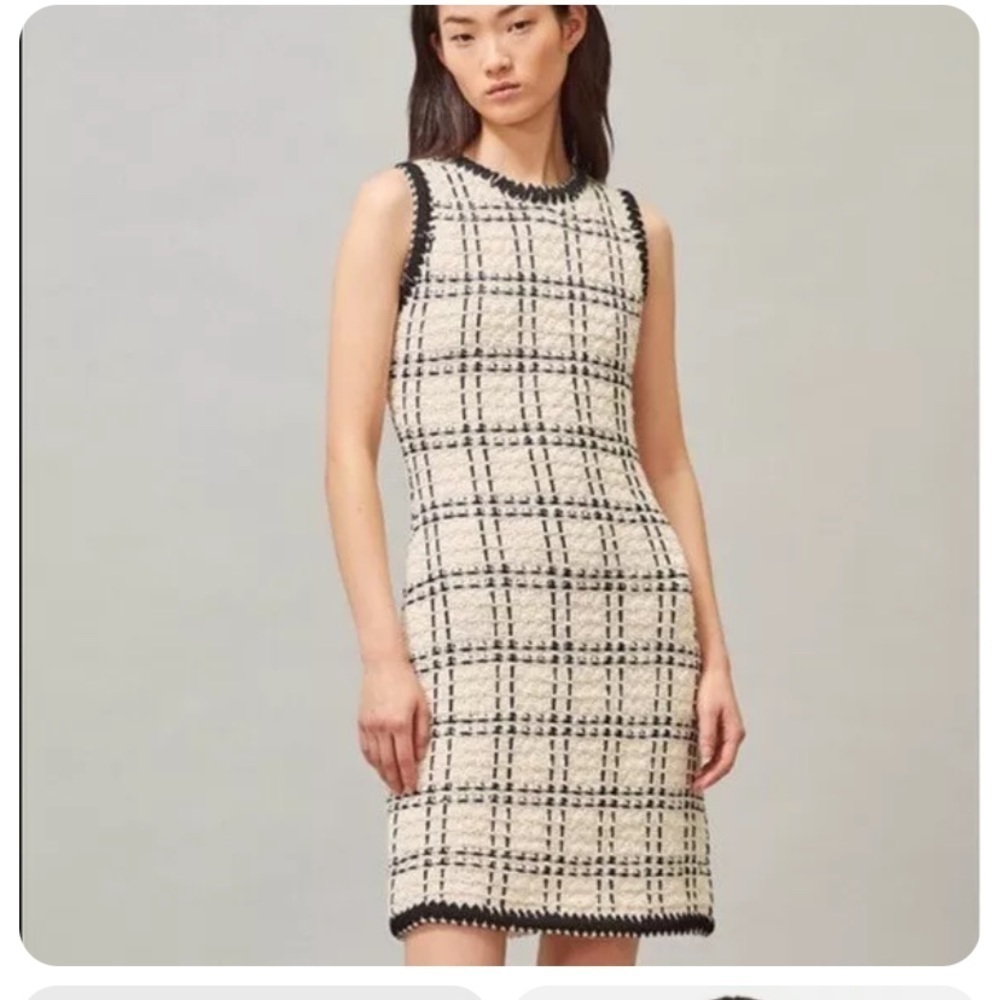 Tory Burch Tweed Ivory Plaid Chevron Sleeveless Linen Wool Dress sz XXS